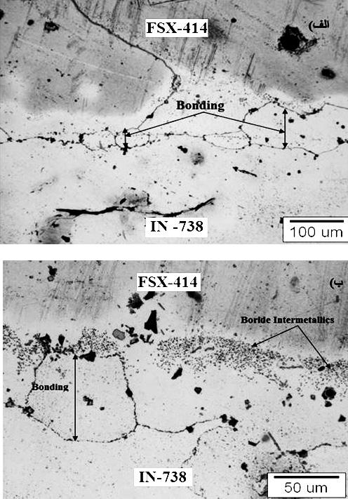 شکل 7 - ریزساختار اتصال FSX-414/MBF-80/IN-738 همگن شده در دمای 1200 بمدت 3 ساعت. شکل 6- ریزساختار اتصال FSX-414/MBF-80/IN-738 همگن شده در دمای 1200 بمدت 1 ساعت.