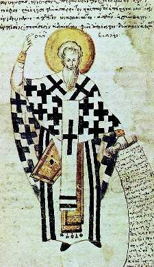 Μέγας Βασίλειος. Μικρογραφία χειρογράφου (15ος αι.). Άγιον Όρος, Μονή Διονυσίου. Η αίρεση που κυριάρχησε κατά τον 4ο αι.