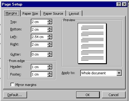 Stabilirea dimensiunilor paginii de hârtie Din meniul File se acţionează cu mouse-ul asupra comenzii Page Setup. Ca efect, pe ecran apare fereastra Page Setup.