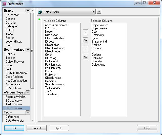 Για να ρυθμίσετε τον PL/SQL Developer έτσι ώστε να εμφανίζει στο plan table τις τιμές για τα πεδία που σας ενδιαφέρουν πηγαίνετε στο Window Types -> Plan Window.