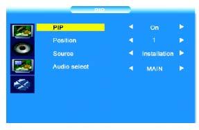 Ρυθμίσεις PIP/ PAP Εμφανίστε το κεντρικό μενού πιέζοντας το πλήκτρο MENU. Επιλέξτε το μενού PIP, χρησιμοποιώντας το πλήκτρο. Πιέστε το πλήκτρο OK για επιβεβαίωση.