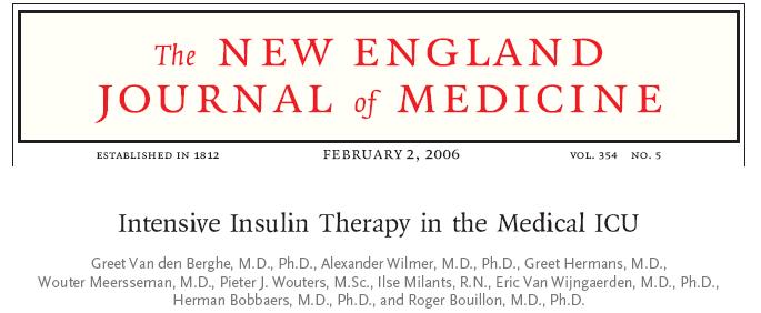 H εντατική ινσουλινοθεραπεία, με επίπεδα γλυκόζης <110mg/dL μειώνει την θνησιμότητα και νοσηρότητα κατά 42% Ομάδα ασθενών με αυστηρό γλυκαιμικό έλεγχο (γλυκόζη:80-110 mg/dl) είχαν μείωση στην