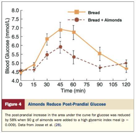 Τα αμύγδαλα, τα φιστίκια και τα φιστίκια Αιγίνης όταν καταναλώνονται μαζί με υδατάνθρακες υψηλού γλυκαιμικού δείκτη μειώνουν την περιοχή κάτω από την καμπύλη της μεταγευματικής γλυκόζης (area under