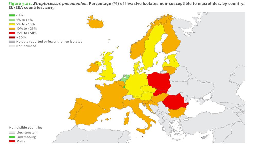 Αντοχή του πνευμονιόκοκκου στα αντιβιοτικά Ένα συνεχιζόμενο πρόβλημα παγκοσμίως 1 Ποσοστό (%) στελεχών Streptococcus pneumoniae στην Ευρώπη με ενδιάμεση αντοχή ή ανθεκτικά σε μακρολίδες, 2015 2 Τα