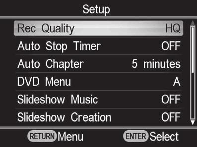 Podešavanje Upotreba menija za podešavanje U meniju Setup možete promeniti razne postavke za kreiranje diskova. 1 Uključite DVDirect i pritisnite tipku RETURN. Prikaže se meni [Menu].