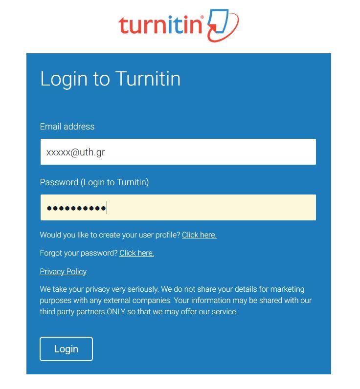 Χρήση Turnitin: 2α. Είσοδος στην υπηρεσία Turnitin Μετά την ολοκλήρωση της διαδικασίας κάθε μέλος ΔΕΠ ή διδάσκων του ΠΘ έχει πρόσβαση στην υπηρεσία Turnitin πατώντας το σύνδεσμο (link) https://www.