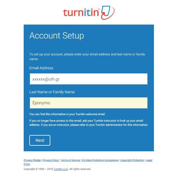 Χρήση Turnitin: 1γ. Δημιουργία κωδικού πρόσβασης χρήστη διδάσκοντα Στην επόμενη οθόνη (Account Setup): α) στο πεδίο Email Address πληκτρολογήστε τη διεύθυνση e-mail σας στο ΠΘ με μορφή xxxxx@uth.