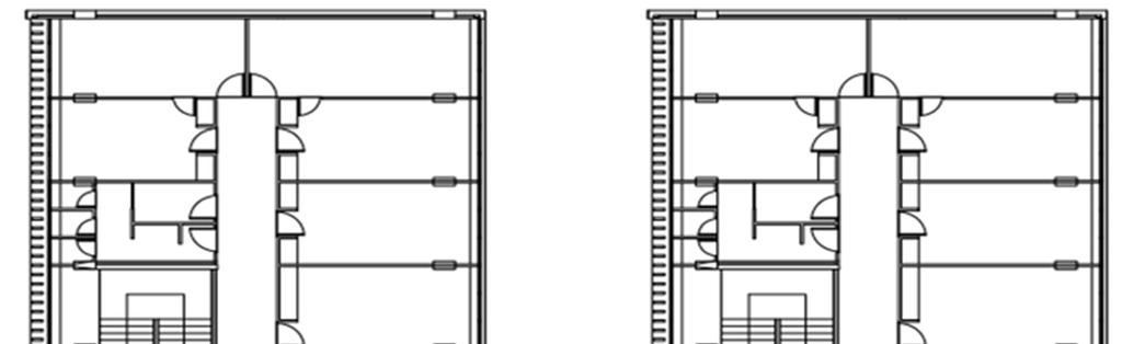 1 ος όροφος: 2 ος όροφος: Σχήμα 4.2: Κατόψεις 1 ου και 2 ου ορόφου του κτιρίου μελέτης. Με κόκκινη διαγράμμιση επισημαίνονται τα γραφεία που συμμετείχαν στην έρευνα.
