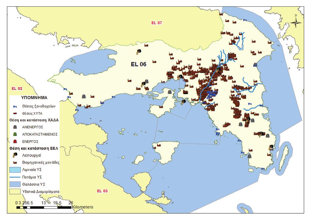 63216 ΕΦΗΜΕΡΙ Α TΗΣ ΚΥΒΕΡΝΗΣΕΩΣ Χάρτης 13: Σημειακές πιέσεις στο Υδατικό Διαμέρισμα EL06 Λεκάνη Απορροής Αττικής (EL0626) Στη ΛΑΠ Λεκανοπεδίου Αττικής τα συνολικά ετήσια φορτία που προκύπτουν από το