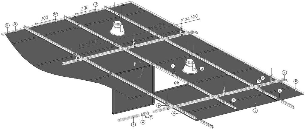 SS KN Spušteni strop, metalni, s nevidljivom metalnom konstrukcijom dimenzije 600x600 (demontažna ploča) Strop od metalnih kaseta, dim. 600x600 mm s nevidljivom zaskočnom potkonstrukcijom.