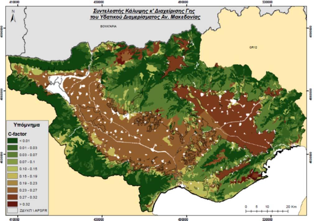 Σχήμα 4.4: Χωρική κατανομή του Τοπογραφικού Συντελεστή LS στο ΥΔ Ανατολικής Μακεδονίας (δεδομένα Ευρωπαϊκού Γραφείου Εδαφών ESB) Σχήμα 4.