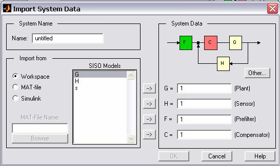 בחלון זה תנו ערך מתאים לכל אחד מהבלוקים C,F,H,G כאשר המשתנים המופיעים בצד שמאל תחת העמודה SISO model הינם פונקציות התמסורת שהגדרתם