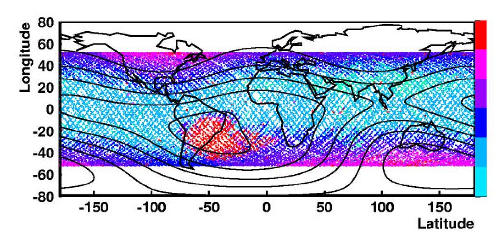 3.6. EVENT RECONSTRUCTION 83 Latitude 700 Hz 100 Hz Longitude Figure 3.9: Cosmic rays rates during STS-91 Shuttle orbits. latitudes and in the SAA. The highest rates are at high turns out to be 0.