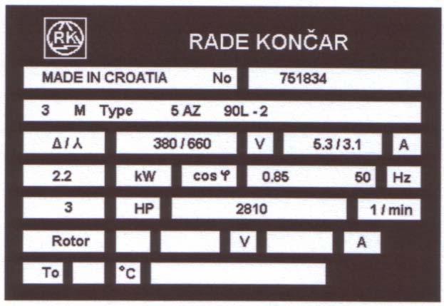 194. Pitanje: (3) Slika prikazuje natpisnu pločicu asinkronoga kaveznog motora, kojega treba spojiti na instalaciju s naponom 3x220/380 V. a) Kako ga treba spojiti (trofazno ili jednofazno)?