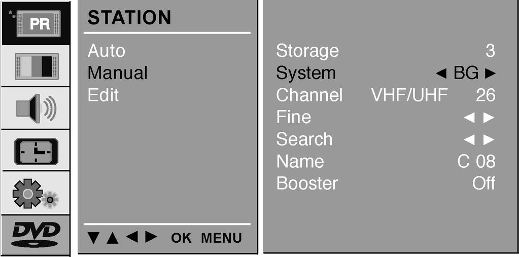 Nastavenie TV staníc Tlačidlami vyberte vo vysúvacom menu System požadovaný TV systém: L :SECAM L/L (Francúzsko) BG :PAL B/G, SECAM B/G (Európa/Východná Európa) I :PAL I