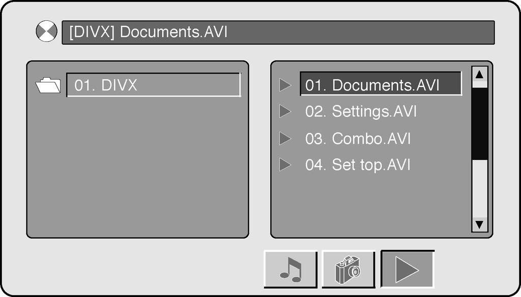 Ovládanie DVD prehrávača Pri sledovaní video súboru DVD prehrávač prehráva DivX súbor (disk musí byť finalizovaný). Podporované DivX súbory: avi, mpg, mpeg. Podporované kodeky: Video: DivX 3.11, 4.