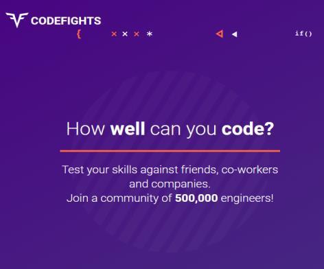 2.6.5 Code Fights Εικόνα 6. Ηλεκτρονικό περιβάλλον εκμάθησης κώδικα ιστότοπου Code Fights To Code Fights είναι ηλεκτρονικό περιβάλλον για τη βελτίωση των δεξιοτήτων προγραμματισμού.