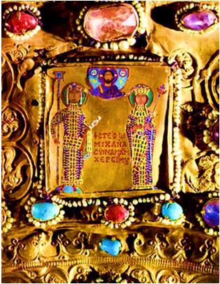 161 1 2 3 1. Fragment din: Triptic din aur, argint, pietre prețioase, mărgăritare, email și lemn, de la Mănăstirea georgiană Khakhuli, ხახულის ხატი (georg.
