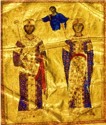 Pe aripa din mijloc a tripticului, sus, deasupra icoanei Maicii Domnului, se află o plăcuță de aur, cu o bordură din mărgăritare și ilustrează evenimentul încoronării lui Mihail VII Dukas și al