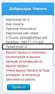 Слика бр. 45 Пример на неактивен профил 4.3.2 Парцијални корисници Во вториот, пак, тип на корисници припаѓаат парцијалните корисници чија привилегија се движи од 1 до 199.