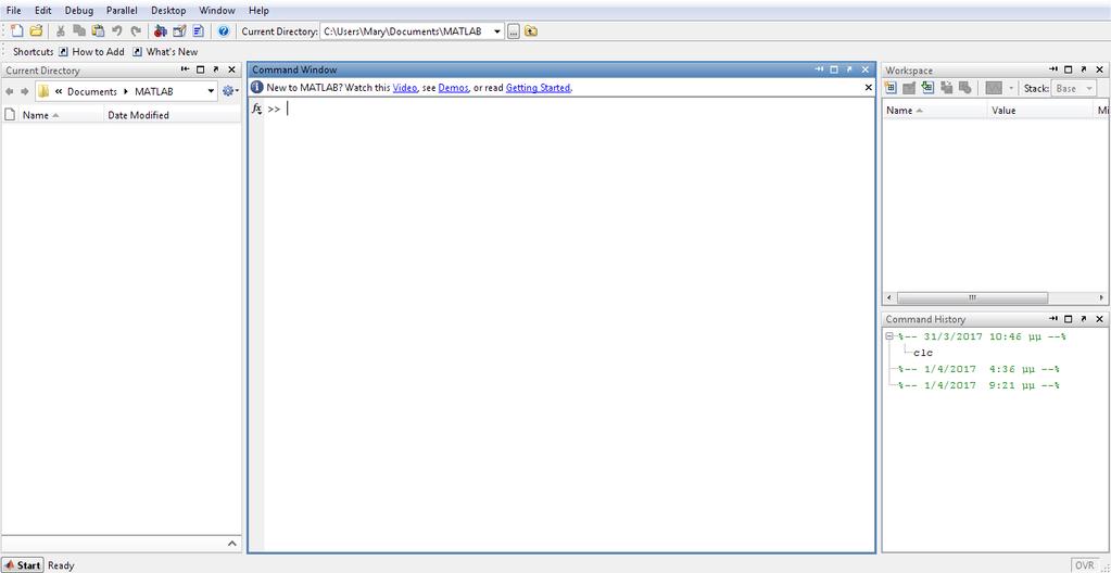 σήμα. Matlab Window ην ρήκα 2.1 Παξαηεξνύκε ην παξάζπξν ηνπ Matlab. Σν παξάζπξν απηό είλαη ρσξηζκέλν ζε ηξείο ζηήιεο. ηελ αξηζηεξή ζηήιε βξίζθεηαη έλα toolbox κε νλνκαζία Current Folder.