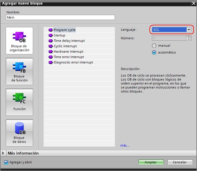 Cando cambiamos a SCL, a ventá de programación toma o aspecto que vemos na seguinte