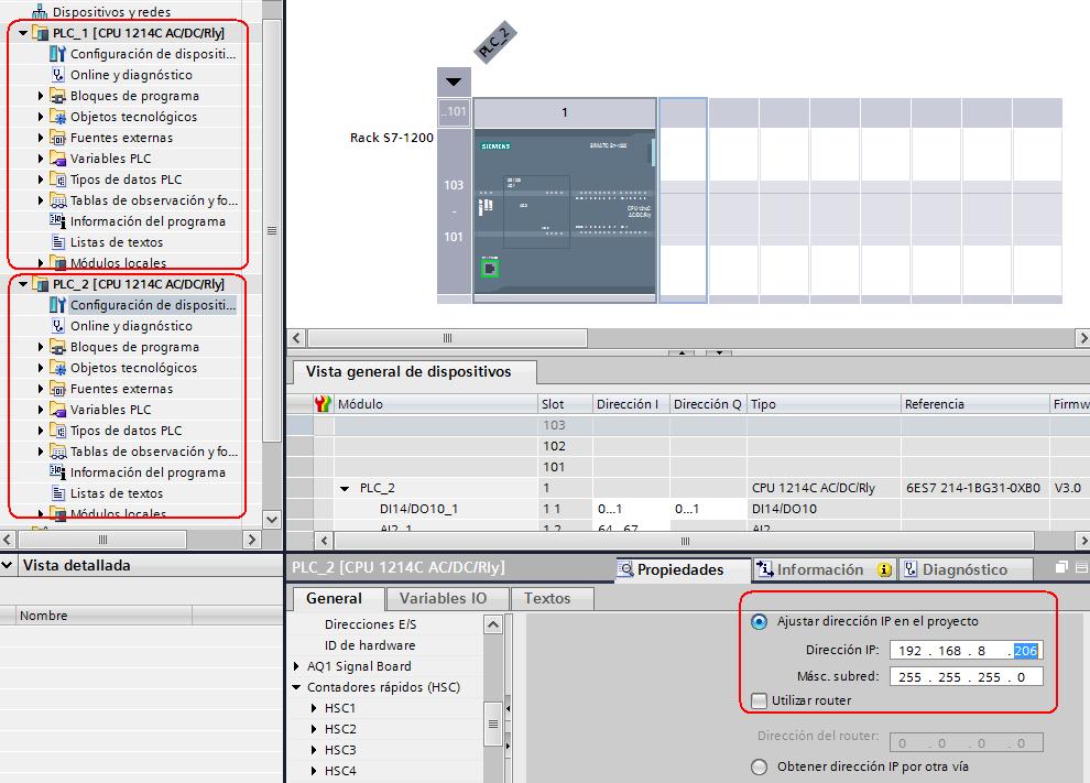 Seleccionamos o hardware do novo plc e asignámoslle un enderezo IP na mesma subrede que o primeiro