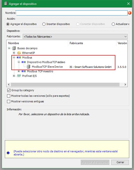 dispositivo Na ventá que se abre, escollemos Modbus TCP