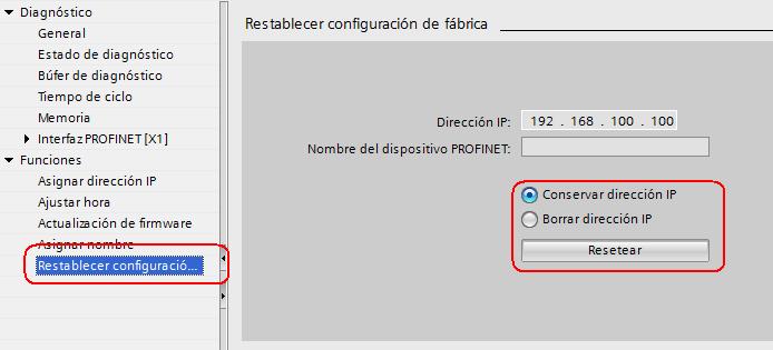 No mesmo menú podemos voltar á configuración de fábrica, unha vez que lle temos asignada a IP ao autómata.