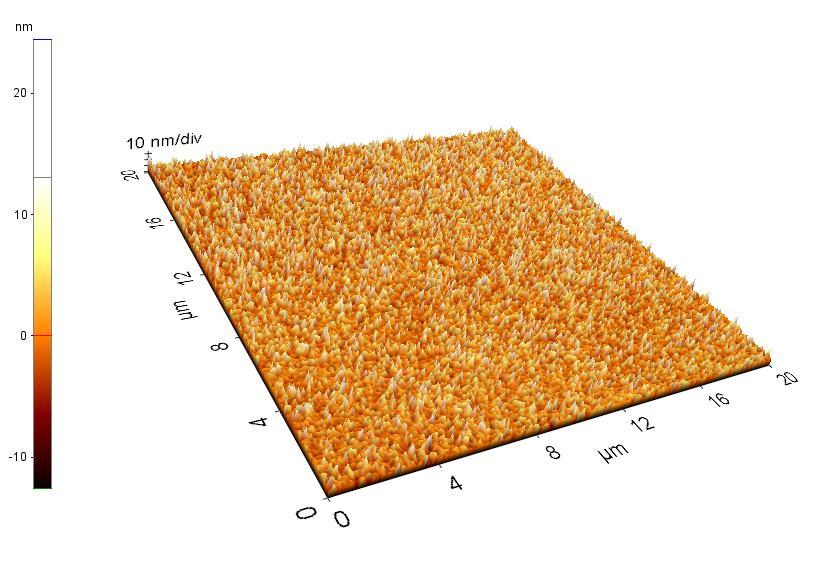 Figura 3 Imagini 3D ce reprezinta topografii ale suprafetelor filmelor de 50 (stanga) si 45 (dreapta) depuse prin PLD pe substrat de Pt/Si, 15.