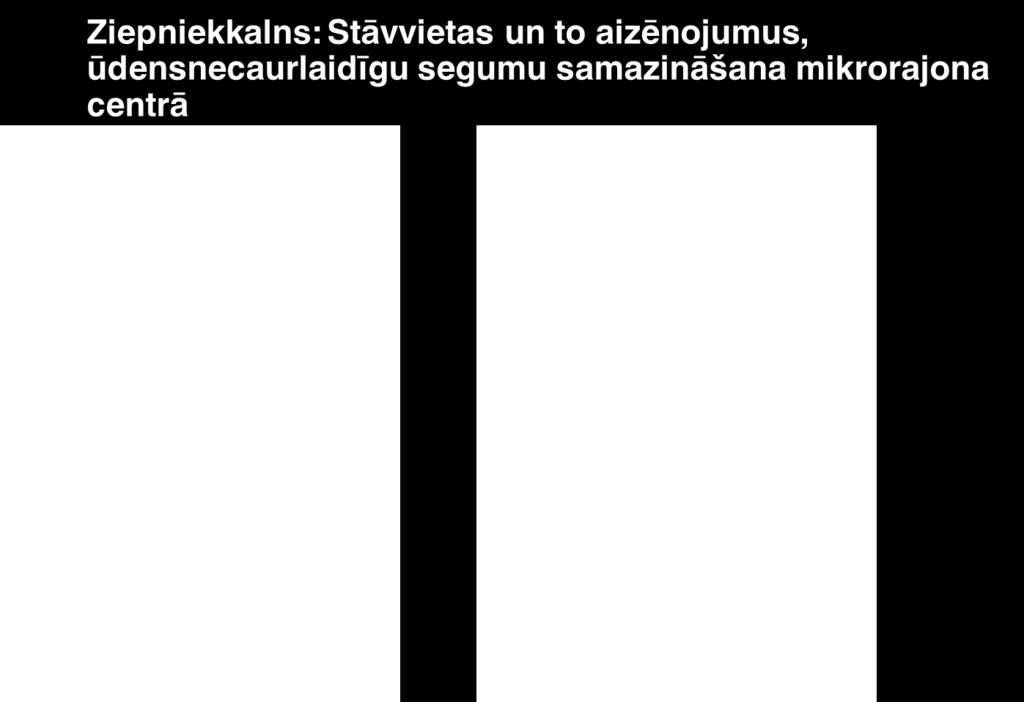 Mikrorajona apkaimes mērogā tiek aplēsts, kā varētu tikt nodrošināta viena auto novietne uz diviem mājokļiem. Zemāk seko variantu apkopojums auto novietņu skaita palielināšanas risinājumiem.