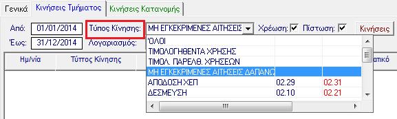 Προστέθηκε επίσης στις κινήσεις των λογαριασμών, ο τύπος κίνησης Μη εγκεκριμένες Αιτήσεις Δαπανών, το οποίο παίζει ημερολογιακά με την ίδια λογική όπως παίζουν και τα τιμολογηθέντα.