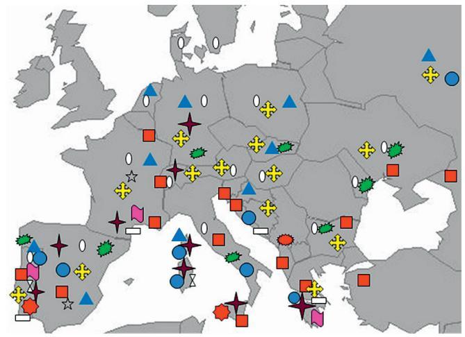 Γεωγραφική κατανομή ρικετσιών στην Ευρώπη 1 2 3 4 5 6 7 8 9 10 11 12 13 : Ελλάδα, 1-9: παθογόνες