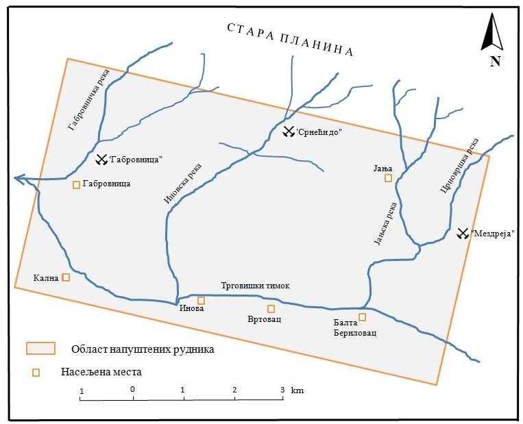 Слика 14. Шема подручја напуштених рудника на Старој планини Извор: (Никић у други, 2012). Сви рудници били су са подземном експлоатацијом.