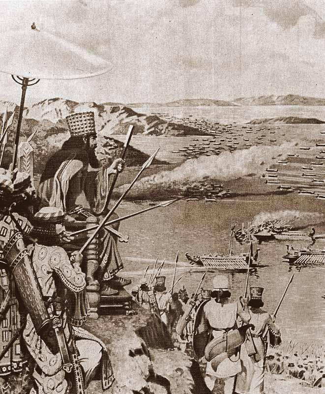 Στο φρύδι του γκρεμού κάθονταν ο βασιλιάς Αγνάντι στη θάλασσα της Σαλαμίνας Και καράβια, σε χιλιάδες, μπροστά του, Κι άντρες από έθνη πολλά όλα δικά του!