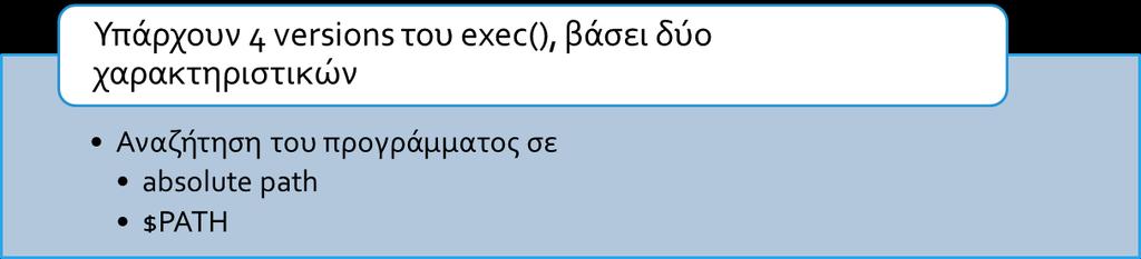 Ένα απλό μέλος της οικογένειας, η execlp, λαμβάνει ως παραμέτρους, το όνομα ή το μονοπάτι της εντολής, τη μηδενική παράμετρο του πίνακα argv της εντολής (τυπικά, πάλι το όνομά της) και, τις υπόλοιπες