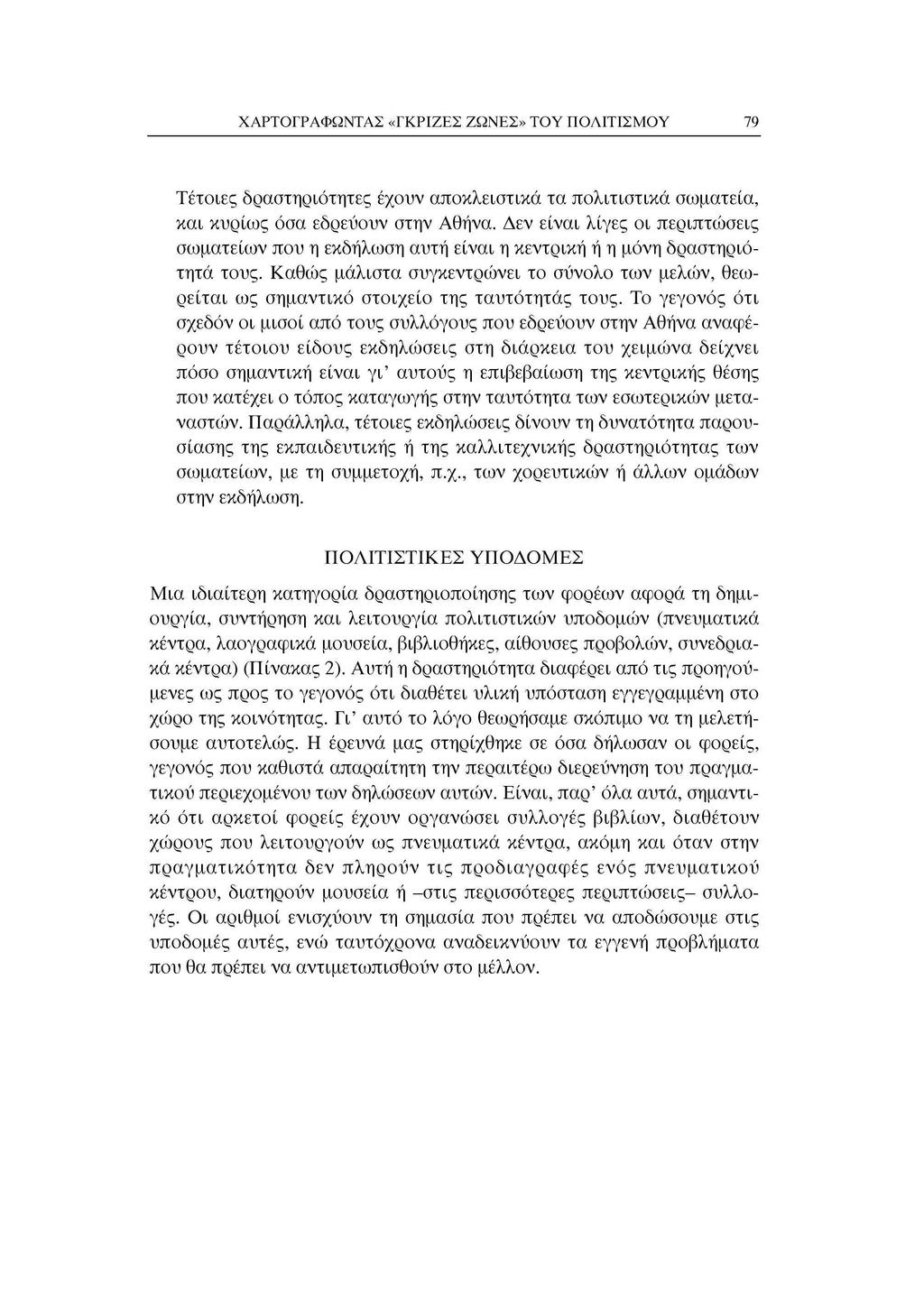 ΧΑΡΤΓΡΑΦΩΝΤΑΣ «ΓΚΡΙΖΕΣ ΖΩΝΕΣ» ΤΥ ΠΛΙΤΙΣΜΥ 79 Τέτιες δραστηριότητες έχυν απκλειστικά τα πλιτιστικά σωματεία, και κυρίως όσα εδρεύυν στην Αθήνα.