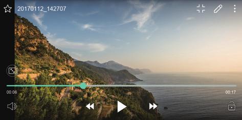 Playing a video Add to or remove from your favourites. Choose screen ratio. Adjust the sound volume. Rewind the video. Open with QSlide. Edit the video. Access additional options.
