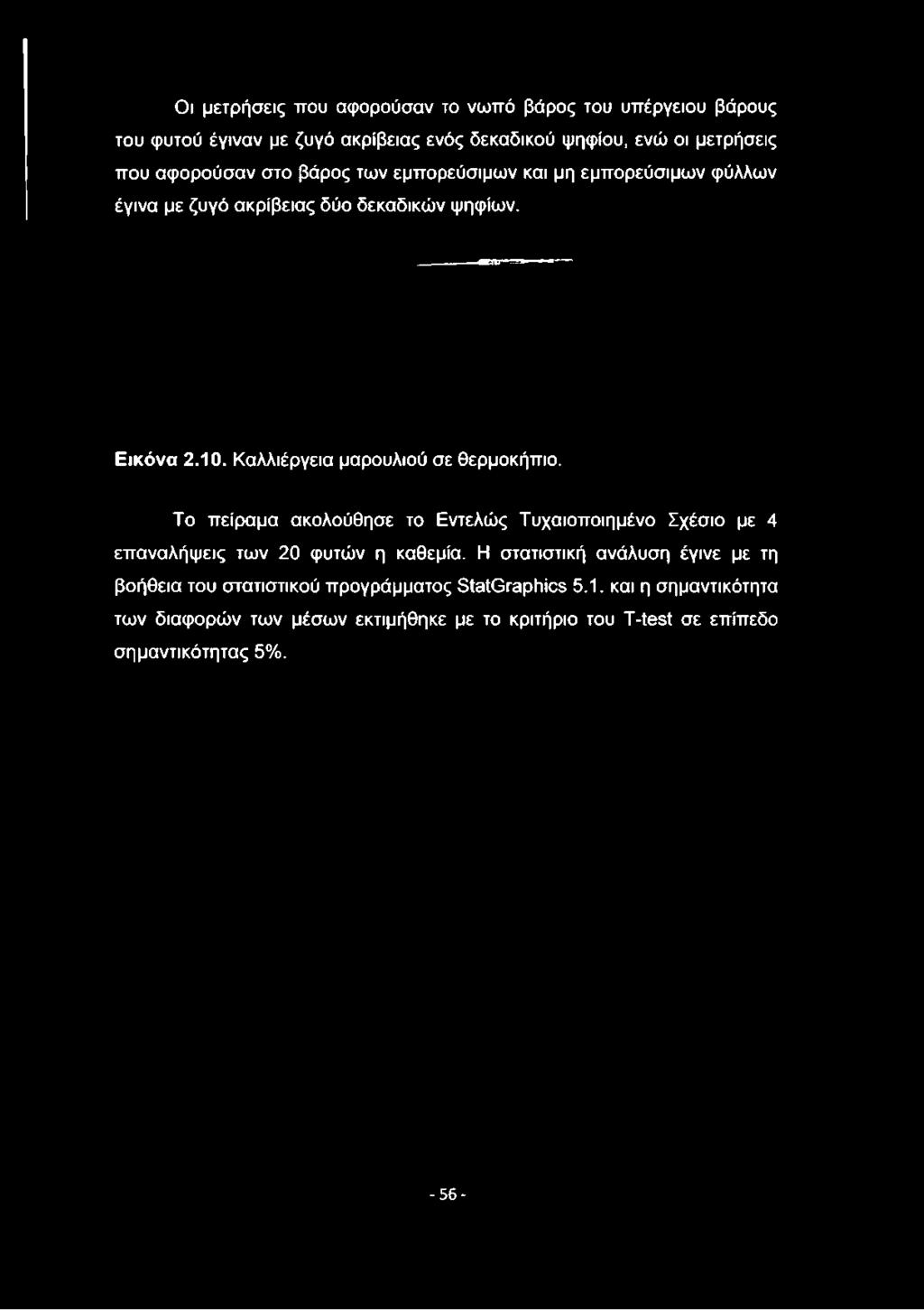 Οι μετρήσεις που αφορούσαν το νωπό βάρος του υπέργειου βάρους του φυτού έγιναν με ζυγό ακρίβειας ενός δεκαδικού ψηφίου, ενώ οι μετρήσεις που αφορούσαν