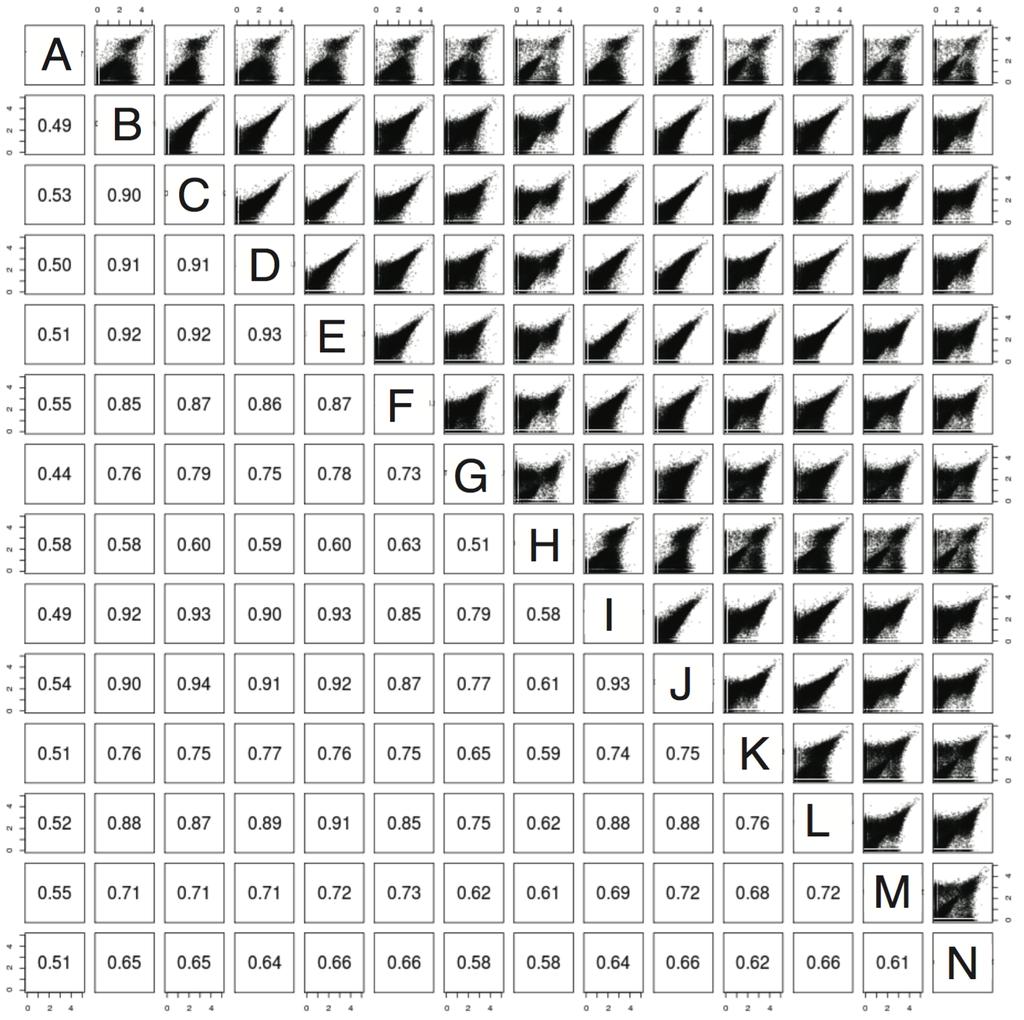 1 2 3 4 5 6 7 8 9 10 11 12 13 14 15 16 17 18 19 20 21 Supplementary Figure 11. Scatter plot matrix of log10(counts + 1) and Pearson correlation 22 coefficient for each indicated tumor-derived sample.