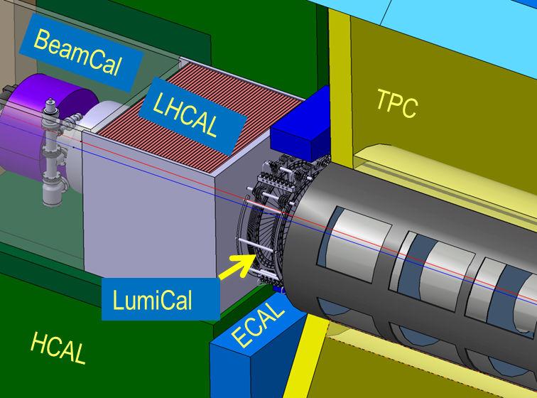 Слика 2.9. Далека предња област ILD детектора и FCAL детектори: LumiCal, BeamCal, LHCAL и монитор парова [13]. BeamCal (Слика 2.