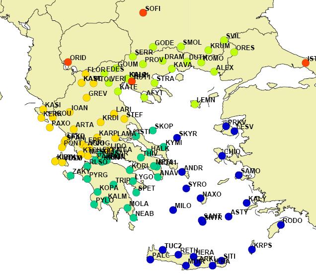 Σχήμα 2. H ομαδοποίηση των σταθμών του δικτύου METRICA κατά την διάρκεια της ταυτόχρονης επεξεργασίας.