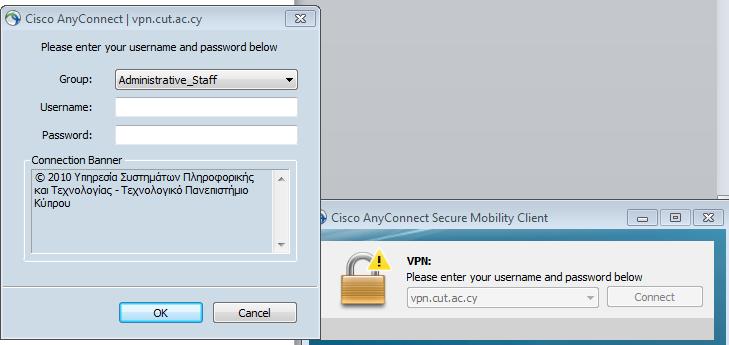 Στη συνέχεια θ ανοίξει το πιο κάτω παράθυρο στο οποίο επιλέγετε Group ανάλογα με το που ανήκετε (Administrative Staff, Academic), ενώ στα Username και Password συμπληρώνετε τα στοιχεία σας που