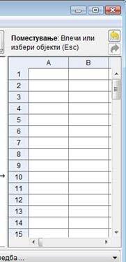 .3.3.Табеларен приказ Во табеларниот приказ на Геогебрата секоја келија си има единствено име со помош на кое може директно да ја именувате. На пр. келијата во колона А ред 1 се нарекува А1.