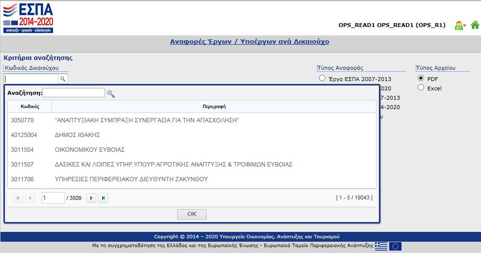 περίοδος 2007-2013) μπορεί να δημιουργηθεί αναφορά δικαιούχου ως προς