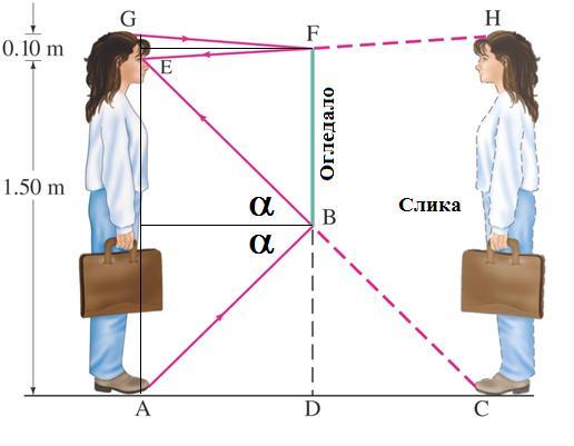 y = y, тј. U = 1, што значи да лик има исту величину као предмет. Пример 1. На којој висини мора бити постављено огледало? Жена 1,60 m висока стоји испред вертикално постављеног равног огледала.