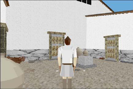 Εικόνα 11: Ελεύθερη πλοήγηση του χρήστη με τη βοήθεια του εικονικού ανθρώπου στην αυλή ενός σπιτιού στην αρχαία Κασσιώπη.
