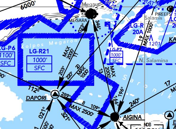 Εικόνα 1 Απόσπασμα χάρτη διαδρομών εξ όψεως κανόνων πτήσης κοντά στο Αεροδρόμιο των Μεγάρων Στην περιοχή του Αεροδρομίου των Μεγάρων (LGMG) υπήρχε εκτός των δύο προαναφερόμενων α/φων άλλο ένα που