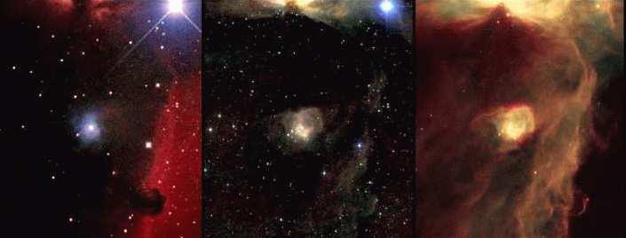 Obr. 6 Vľavo: Hmlovina Konská hlava vo viditeľnej oblasti spektra (Howard McCallon); stred: v blízkej infračervenej (2MASS), a vpravo v strednej oblasti infračerveného