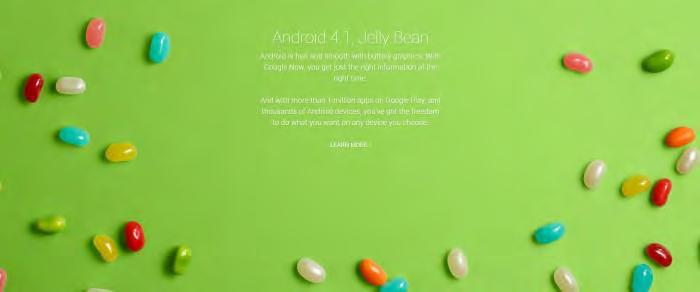 1.3.8 Android 4.1 Jelly Bean (API Level 16) Παρουσιάστηκε στις 9 Ιουλίου του 2012. Το Jelly Bean κατέχει περίπου το 50% των Android συσκευών.